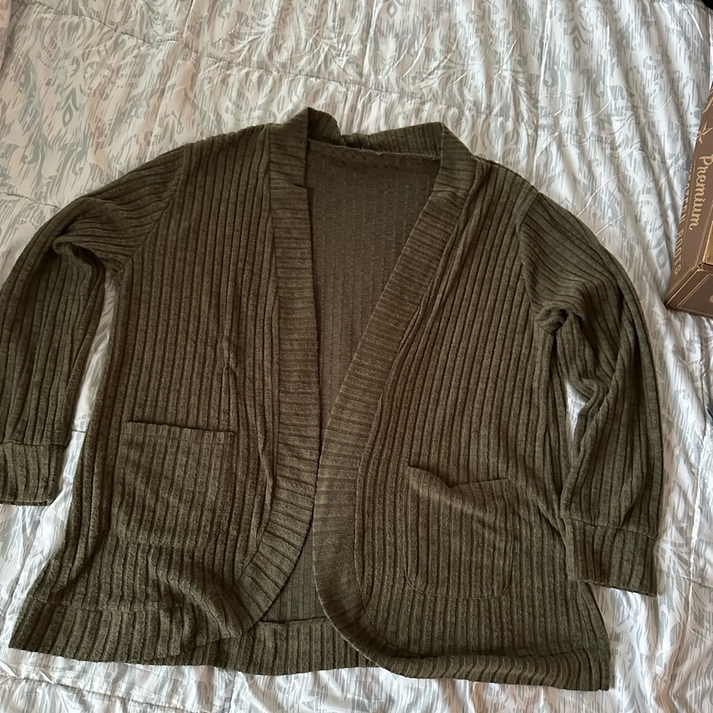 Olive Green Women's Ribbed Cardigan Sweater